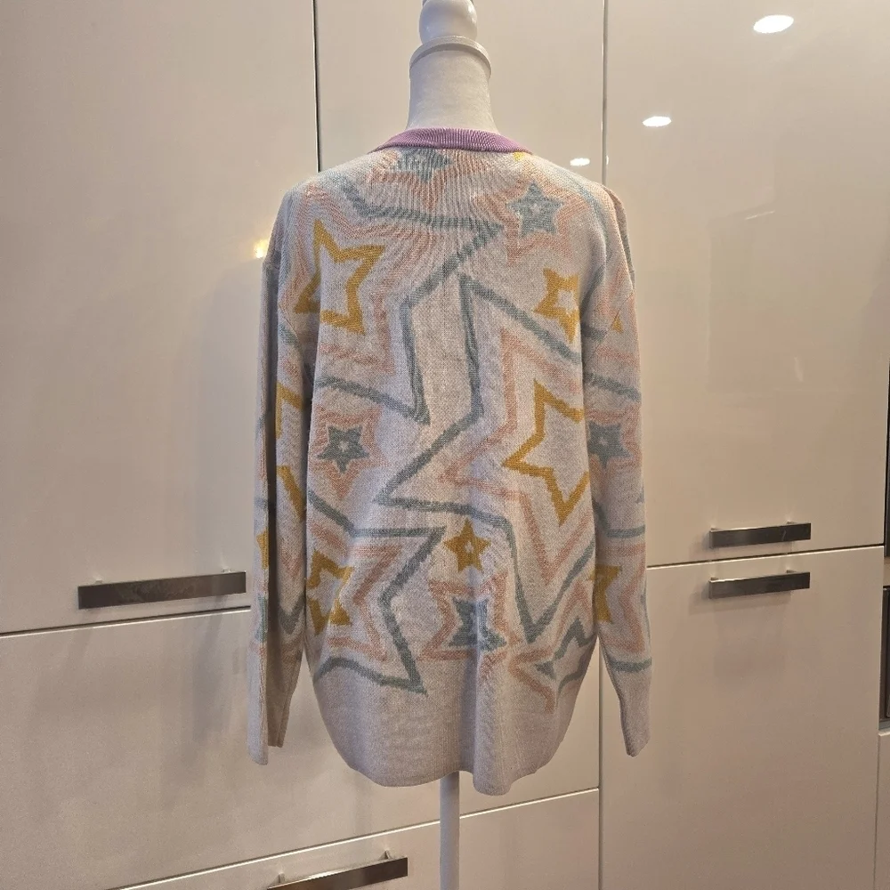 NWT Splendid Ziggy Star Oversized Crewneck Sweater White Blue Yellow Size Small